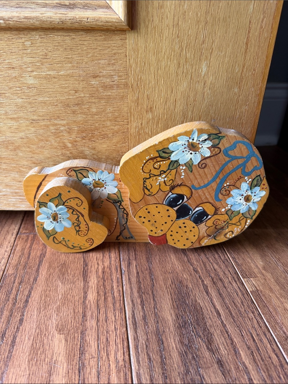 Vintage 80’s Hand-Painted Wooden Dog Door Stop